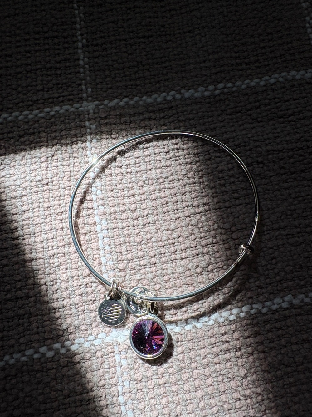 Alex and Ani Silver Bangle with Purple-Pink Crystal Charm